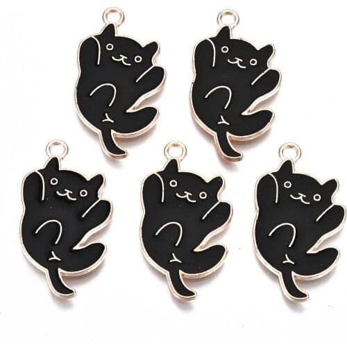 10pcs Alloy Enamel Black Cute Cat Pendant Charms Necklace Pendants for Girl DIY Jewelry Findings Making Accessories Wholesale