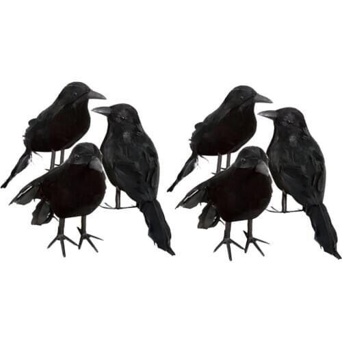 6x Real Touch Black Feathered Crows Flying Birds Halloween Decorations Raven