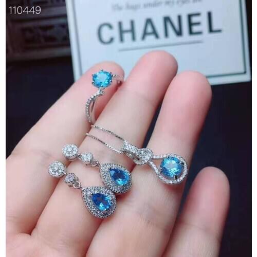 925 Silver Jewelry set Natural blue Topza Necklace Earring Ring sets Women Jewelry