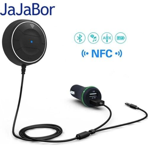 JaJaBor Bluetooth Car Kit Handsfree with NFC Function Built-in Microphone 3.5mm AUX Audio Music Receiver Dual USB Car Charger