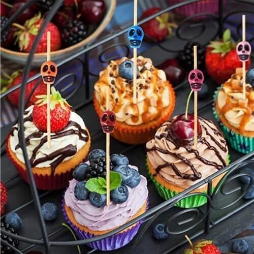 50pcs Cocktail Pickle Skull Fruit Check Sandwich Appetizer Bamboo Sticks Party Decor Dropship