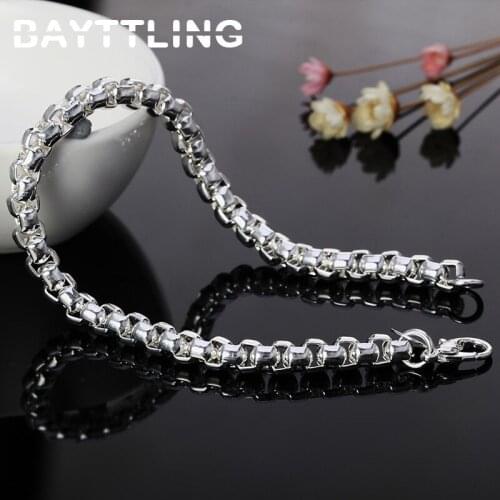 BAYTTLING 8 Inch 925 Sterling Silver 4MM Round Box Chain Bracelet Bangle For Woman Man Fashion Charm Wedding Jewelry Gift