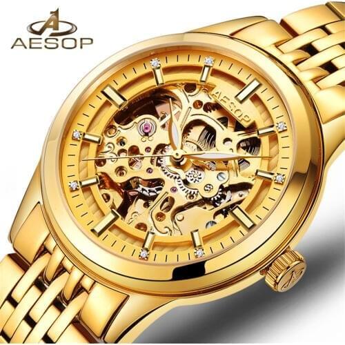 AESOP New Number Sport Design Bezel Golden Watch Mens Watches Top Brand Luxury Montre Homme Clock Men Automatic Skeleton Watch
