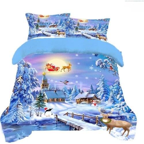 Home Kid Healthy 3D Bedding Set Blue Color Linings Duvet Cover Bed Sheet Pillowcases Christmas tree and snow deer