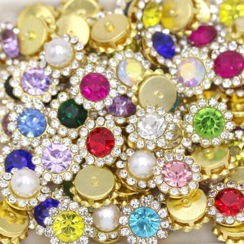 20/100Pcs Round Flower Rhinestones Buttons Flat Back Crystal Sewing Button For Shoes T-Shirt DIY Gold Sliver Base Crystal Button