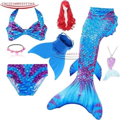 Girls Swimming Mermaid tail With Monofin Flipper Kids Mermaid Dress Costume Cosplay Wigs Children Swimsuit Fantasy Bikini suit