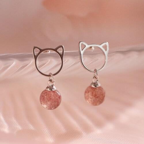 Fashion Cute Cat Drop Earrings S925 Silvery Jewelry Hanging Strawberry Crystal Stone Womens Statement Wedding Dainty Fun Gifts