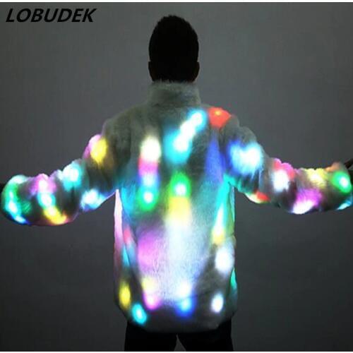 Male Female LED Luminous short jacket Coat nightclub Bar Leading dance performance outerwear Fur white Jackets Hip Hop Costume