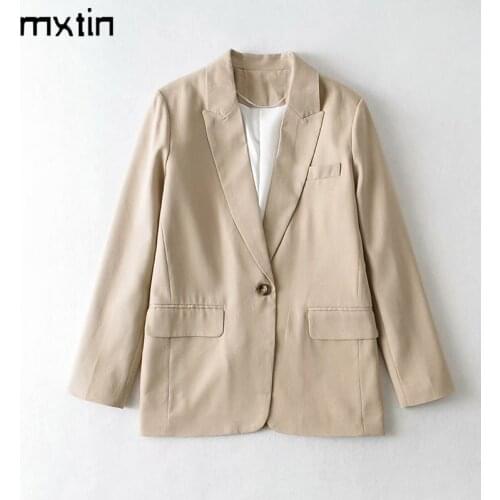 MXTIN 2021 Women Spring Vintage Solid Pockets Jacket Coat Fashion Lapel Collar Single Button Office Lady Female Outerwear Tops