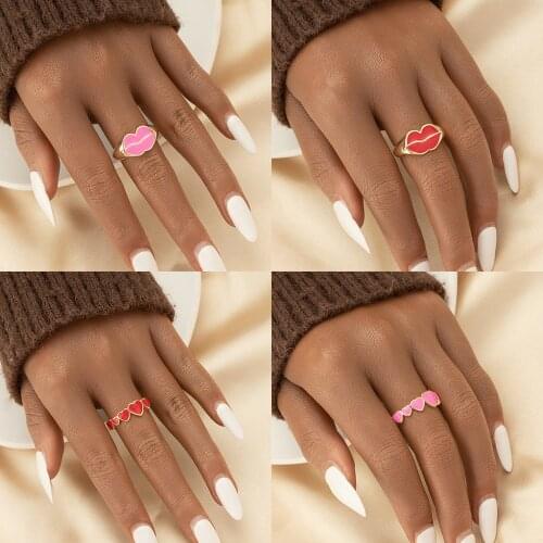 New Funny Pink Red Enamel Mouth Lips Heart Rings for Women Girl Minimalist Gold Stainless Steel Rings for Best Friend Party Gift
