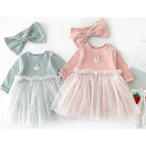 Autumn Casual Crown Newborn Baby Dress Mesh Cute Warm Baby Girls Clothes Lace Infant Party Princess Dresses Little Gril Clothing