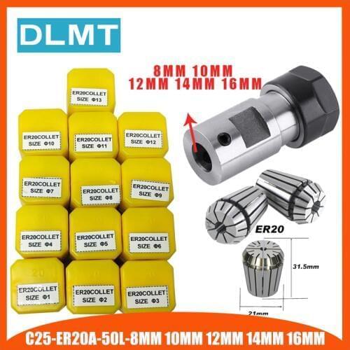 ER20 Collet Chuck 13PCS C25 ER20 Motor Shaft Extension Rod Spindle Collet Lathe Tools Holder Inner 8MM 10MM 12MM 14MM 16MM
