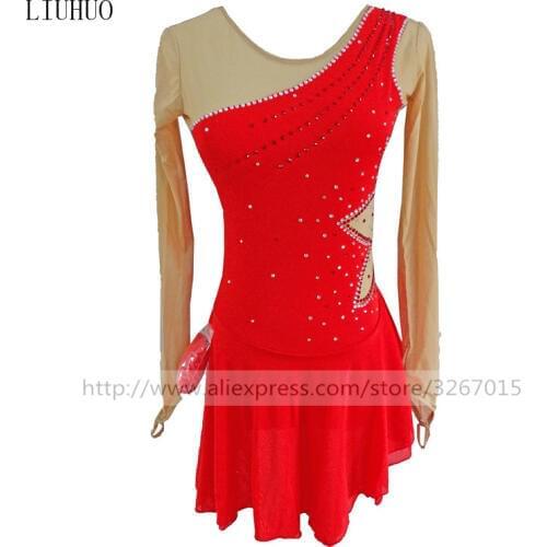 Figure Skating Dress Womens Girls' Ice Skating Dress Red long sleeves Hand beautifully patterned drill Exquisite workmanship