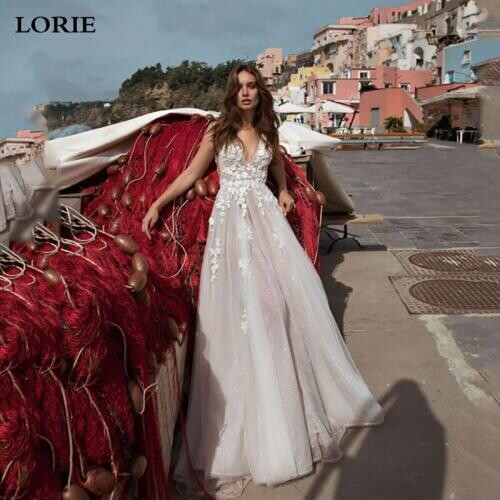 LORIE Beach Lace Wedding Dress A Line V Neck Appliques Lace Bride Dress Boho Vintage Wedding Gown Vestidos de novia