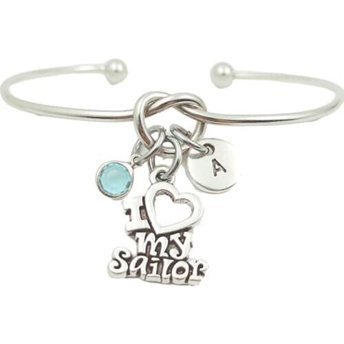 I Love My Sailor Sport Retro Creative Initial Letter Monogram Birthstone Adjustable Bracelet Fashion Jewelry Women Gift Pendant