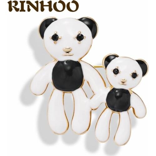RINHOO Hand in hand Rhinestone Panda Brooches For Women Girls Enamel Lapel Pins Panda Bear Animal Brooch Gift For Kids Mother