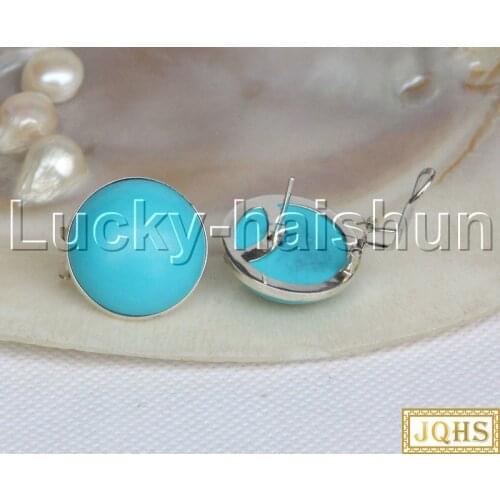 JQHS AAA clip Stud Genuine coin 21mm sky-blue turquoises Beaded Earrings 925s silver j11795