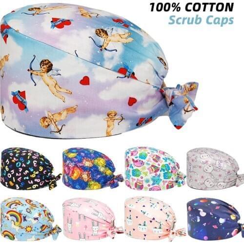 Unisex Surgicals Hats 100% Cotton Adjustable Lab Pet Shop Beautician Home Working Nursing Cap Tieback Elastic Anime Scrub Caps
