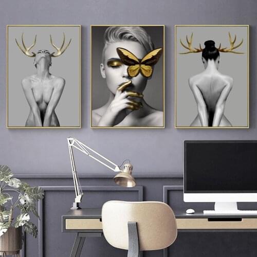 Nordic Antlers girls Figuars wall art Canvas Painting Prints Posters Black White Nude art Pictures for Living Room Morden Decor