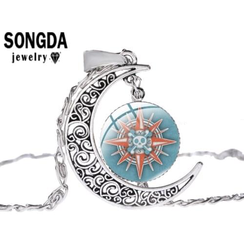 SONGDA Skull and Cross Bones Art Pattern Moon Shaped Necklaces Convex Dome Glass Surface Charm Pendant Lady Jewelry Accessories
