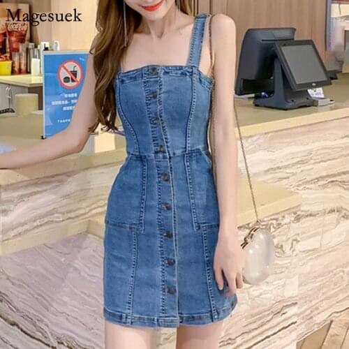 Spaghetti Strap Denim Dress Summer Korean Vintage Casual Vintage Woman Dresses Sexy Jeans Button Blue Party Dress Women 13349