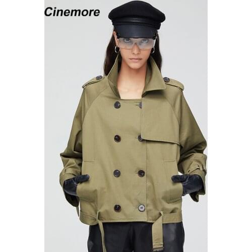 CINEMORE New Arrival Autumn Trench Coat Women Fashion Cotton Double Breasted Short Loose Clothing Outerwear 9018
