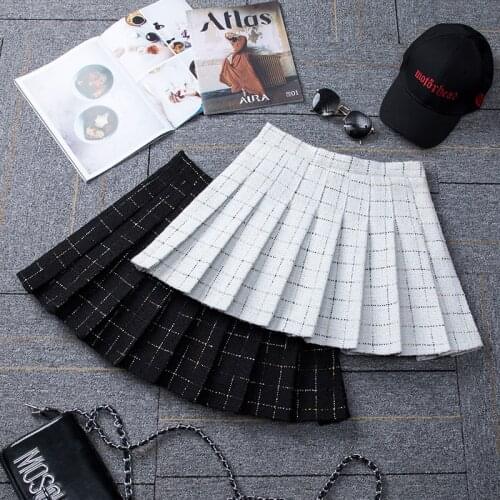 Women Acrylic Plaid A-Line Above Knee Mini white and black skirt plus size girls winter autumn short skirt elegant skirt