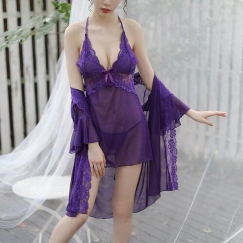 Sexy Womens Lace Night Dress Robe Nightgown Set Bathrobe V-neck Pink Plus Size Underwear Sleepwear Tops Lingerie Set with Robe