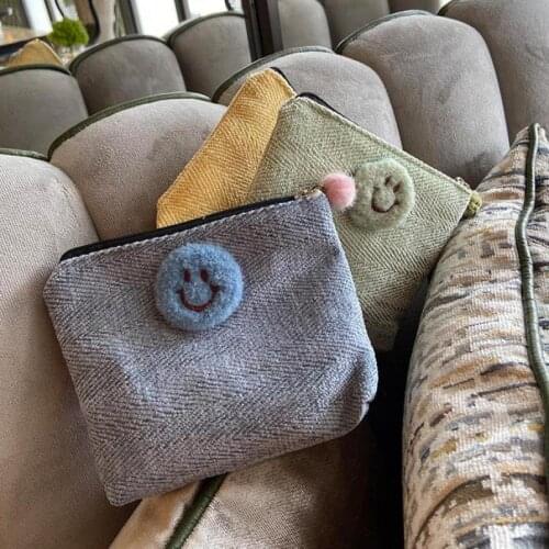 Women Plush Smiling Face Cosmetic Bag Korean Cute Sanitary Napkin Storage Bag Portable Small Cosmetic Pouch