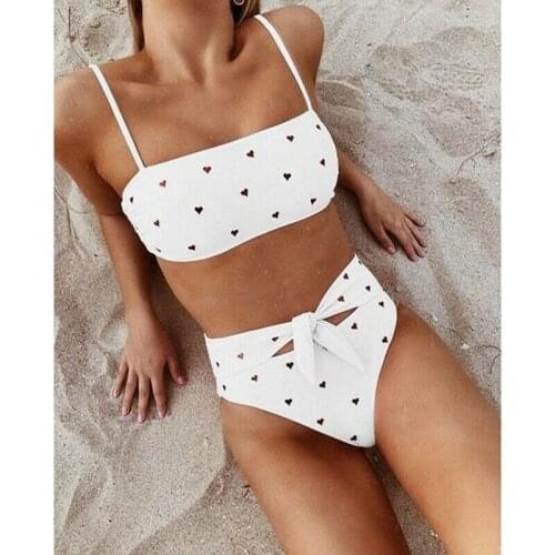 High Waist Womens Swimsuit Heart Print Push Up Padded Bikini Set Strap Bowknot Two Piece Swimwear Bathing Suit Beachwear