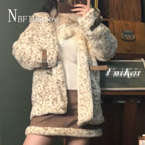 Faux Fur Women Coat 2020 New Korean Leopard Hooded Leather Buckle Fluff Female Overcoat