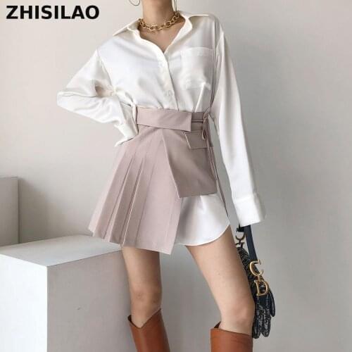 ZHISILAO 2 Pics White Oversize Blouse Dress Women with Corset Elegant Long Sleeve Shirt Dress 2021 Party Mini Dress Vestidos