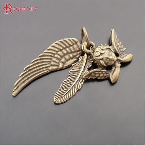 B160)10 Sets Full Height 32MM Antique Bronze Zinc Alloy Angel Feather Wing Set Charms Pendants Jewelry Findings Accessories