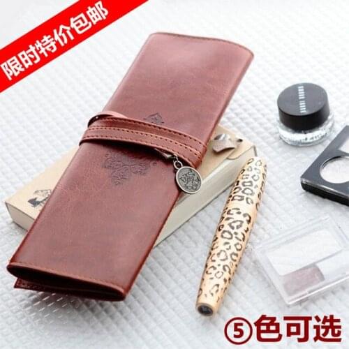 Free shipping Multifunctional vintage leather pencil bags large capacity stationery pen curtain cosmetic bag 4 color