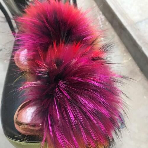 Kids Fur Slippers With Straps Fluffy Raccoon Fur Slides Furry Real Fox Fur Flip Flops Open-toe Sandals