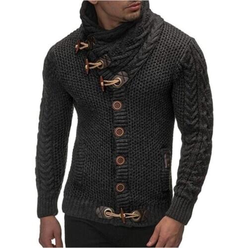 Mens Sweater Knitted Shawl Turtleneck Sweater Pullover Winter Long Sleeve Button Streetwear Pullover Slim Mens Sweaters-3XL