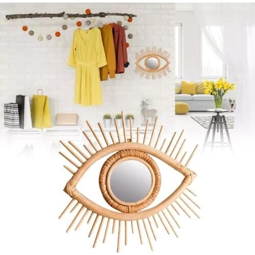 Rattan Innovative Art Decoration Eye Shape Makeup Mirror Dressing Wall Hanging 11UA