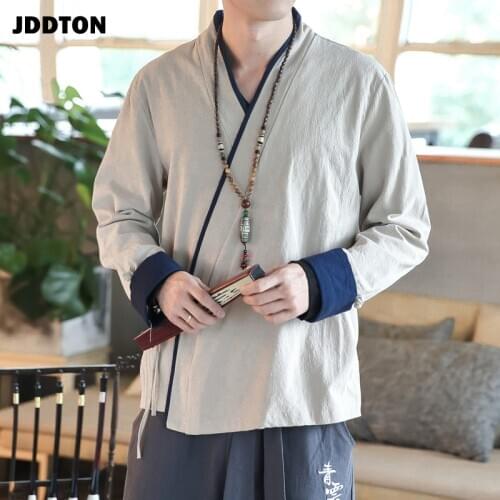 JDDTON Mens Cotton Linen Vintage Jackets Traditional Chinese Style Tie Rope Cloth Casual Male Streetwear Long Sleeve Coat JE159