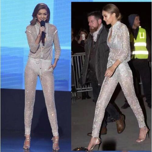 New Star Singer With The Paragraph Thin Sexy Silver Sequins High Waist Jumpsuit Transparent Hollow Zipper Jumpsuit Dance Costume