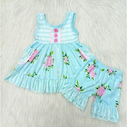Flower pattern outfits girls high quality sleeveless top+ruffle elastic shorts 2 pieces sets children baby clothing