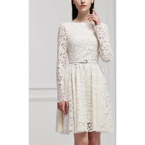 8268 Ivory O-Neck Long sleeves Natural A-Line Above-Knee Short lace Homecoming Dresses/Formal Party Gowns Belt Free Shipping