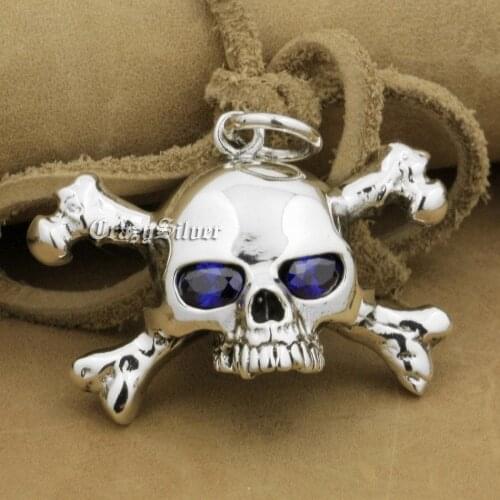 CZ Eyes Skull Cross Bone 925 Sterling Silver Mens Biker Rocker Punk Pendant 9V024 Just Pendant