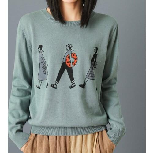 2021 Spring Autumn New Loose Sweater Printing 100%Cotton Round Neck Knit Pullover Base Shirt Long-Sleeved Women Tide Korean Top