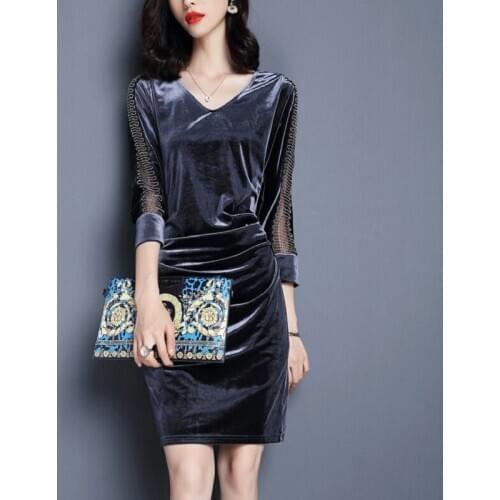 Autumn Women Dresses velvet V-neck Asian Size Dresses Long Sleeve Winter Party Female Dresses Korean Style Elegant Clothing
