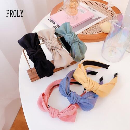 PROLY New Fashion Women Hairband Wide Side Big Bow Knot Headband For Adult Cotton&linen Solid Turban Autumn Hair Accessories