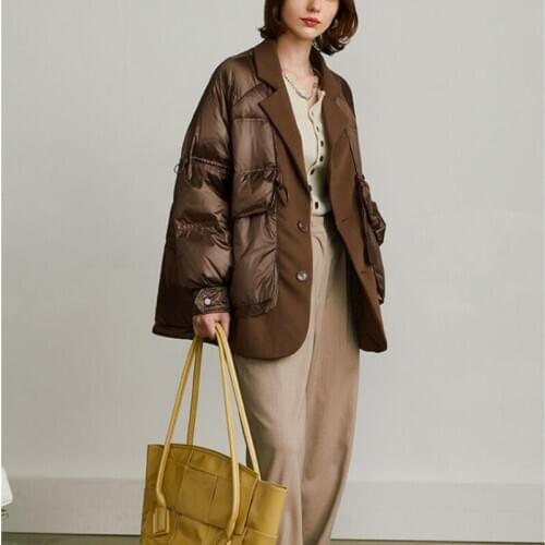 Winter Womens oversized Fluffy Down Coat Female Was Thin Suit collar fake two pieces Warm Down Jacket Parkas F2633