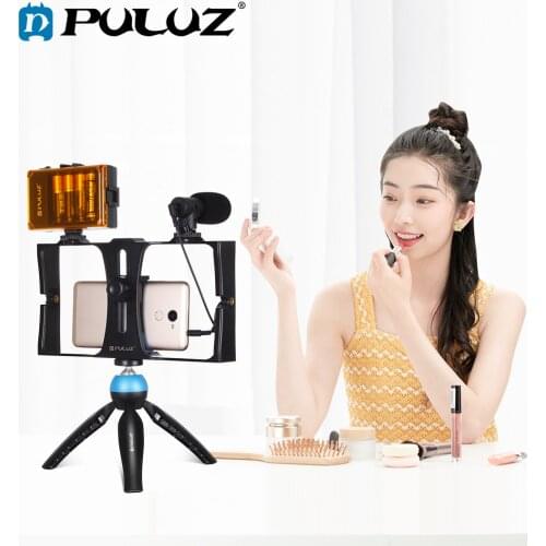 PULUZ 4 in 1 Vlogging Live Broadcast Smartphone Video Rig +104 LEDs Studio Light & Microphone+Tripod Mount+Cold Shoe Tripod Head
