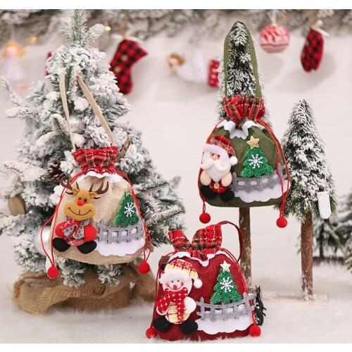 Christmas Snowman Pattern Handmade Cotton Linen Storage Package Bag Drawstring Bag New Year Party Kids Candy Gift Bag Pouch