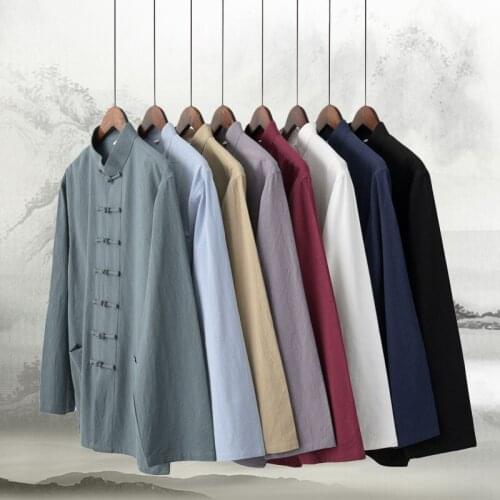 Spring Autumn Mens Chinese Traditional Long Sleeve Kung Fu Tai Chi Uniform Shirt Oriental Retro Top Hanfu Blouse Shirts
