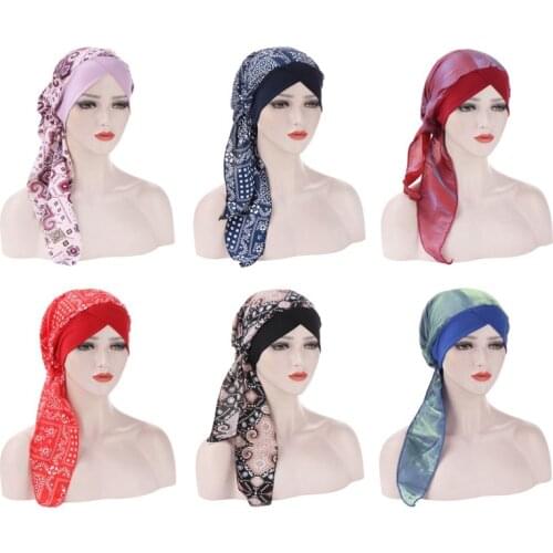 NEW Women Muslim Fashion Hijab Cancer Chemo Flower Print Hat Turban Head Cover Hair Loss Scarf Wrap pre-tied Bandana